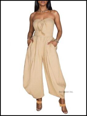 Women's Strapless Wide Leg Harem Jumpsuit Sleeveless Bow Tie Smocked Waist